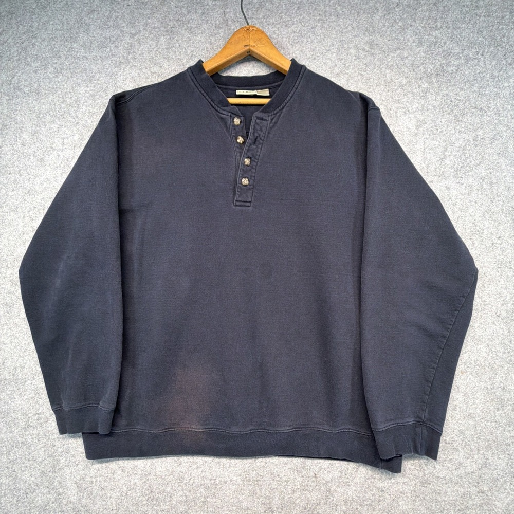 Vintage LL Bean Henley Sweatshirt Navy Blue Heavy Thick Large Tall 90s